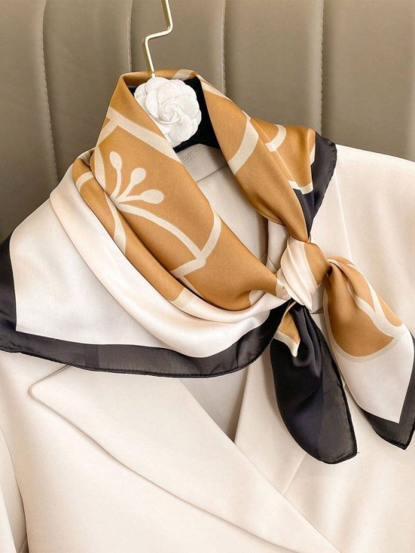 Ladies' Fashionable Multifunctional Bandana With Brown Flowers, Twill Silk Scarf, Hair Accessories