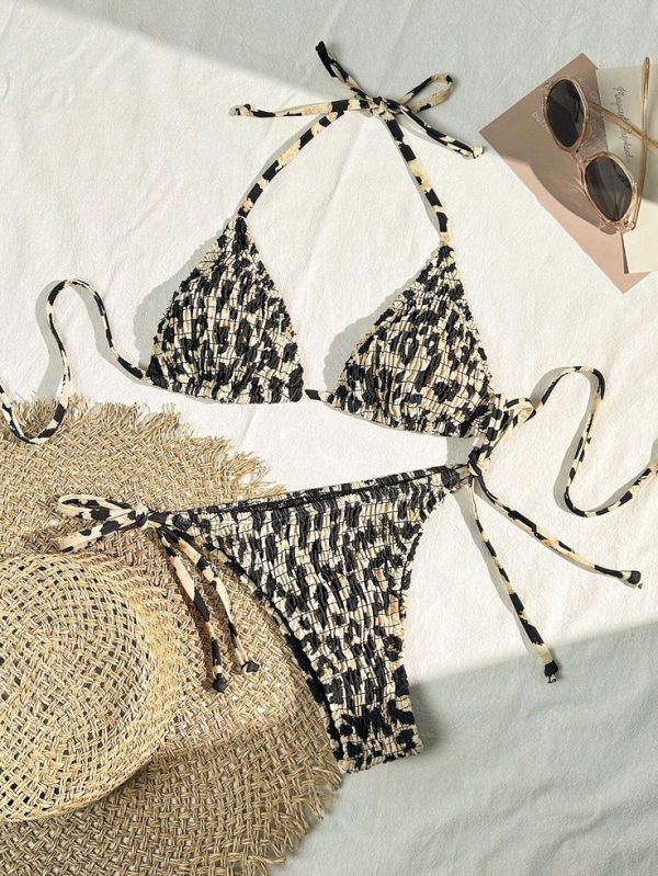 SHEIN Swim Summer Beach Women's Full Printed Shirred Halter Neck Swimsuit Set