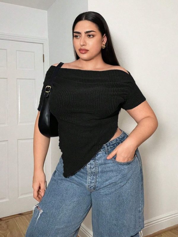 SHEIN Essnce Plus Size Casual Fashionable One Shoulder Short Sleeve T-Shirt For Spring/Summer