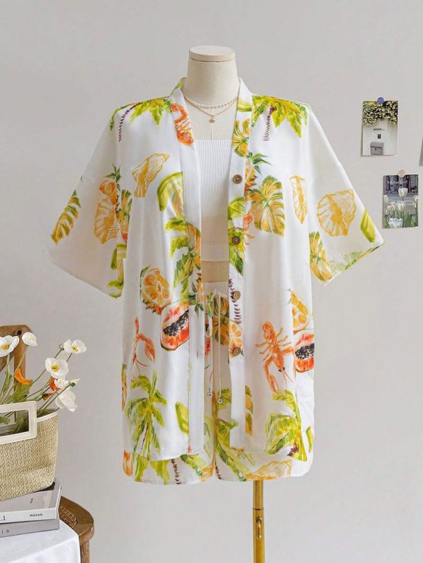 SHEIN WYWH Plus Size Women's Lobster Coconut Tree Pattern Casual Beach Holiday Loose Shirt & Shorts