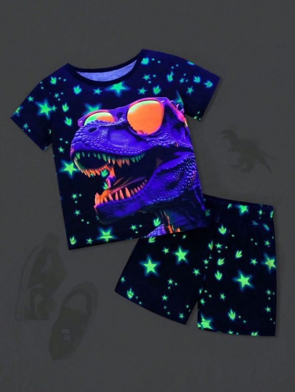 Young Boy Dinosaur Printed Knit Short Sleeve Top And Shorts Set, For Travel & Summer Vacation