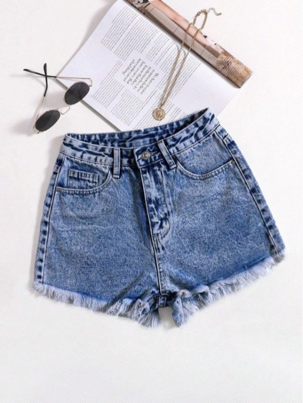 SHEIN EZwear Casual Washed Frayed Hem Denim Shorts For Summer