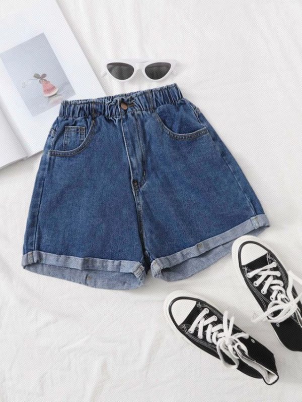 SHEIN EZwear Washed Turn Up Hem Denim Shorts