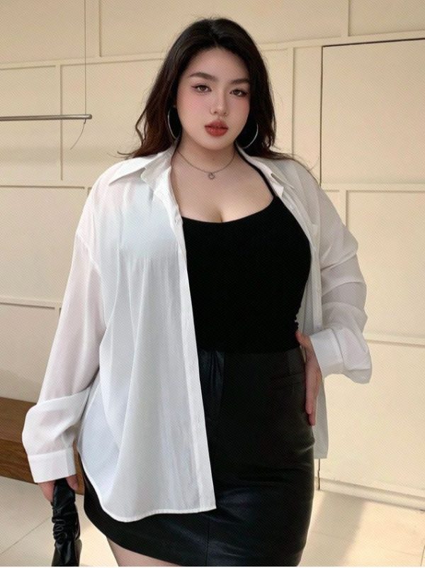 Dazy Plus Plus Size Ladies Fashionable Solid Loose Fit Turn-Down Collar Long Sleeve Semi-Sheer Top