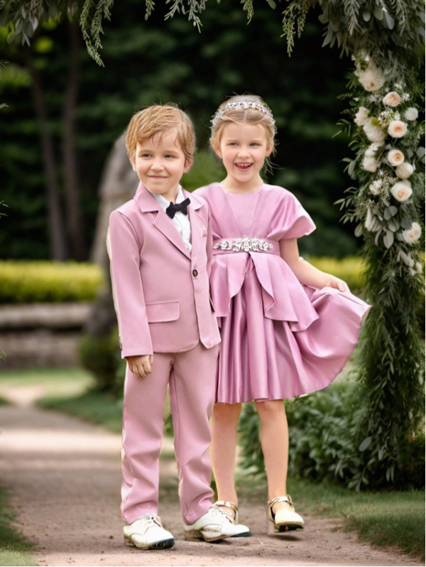 SHEIN Blossomsprite Kids Young Girls Solid Color Simple Bow Decoration Formal Dress