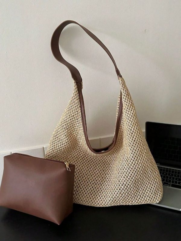 Vacation Straw Bag With Inner Pouch Contrast Binding Snap Button