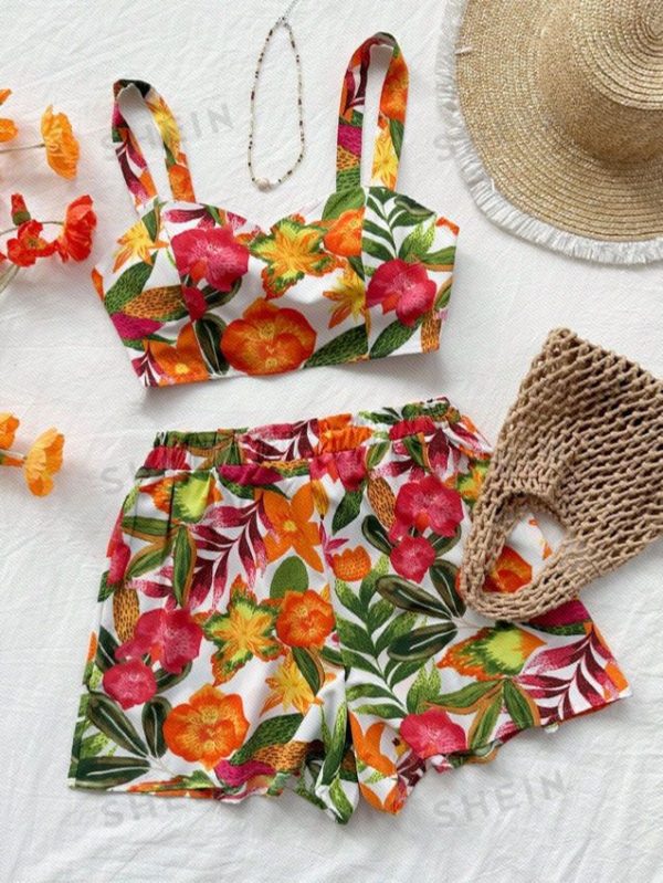 SHEIN WYWH Women's Casual Tropical Printed Crop Top & Shorts Set For Vacation