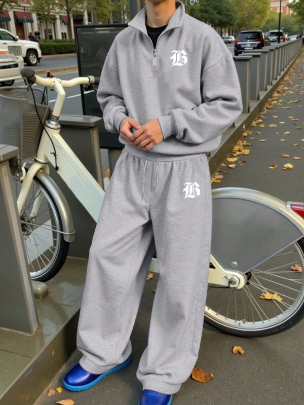 Men's Ins Versatile Simple Style Letter Print Stand Collar Zipper Sweatshirt And Elastic Drawstring Waist Wide Leg Sweatpants Two-Piece Set, Simple And Fashionable Suitable For Daily Wear, Gift For Boyfriend, Friend
