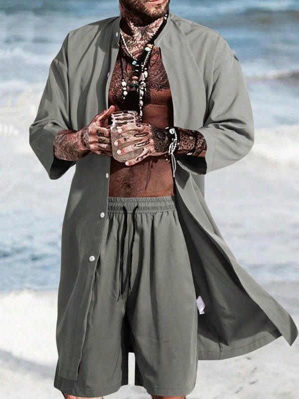 Loose Fit Men's Solid Color Shirt And Shorts Set