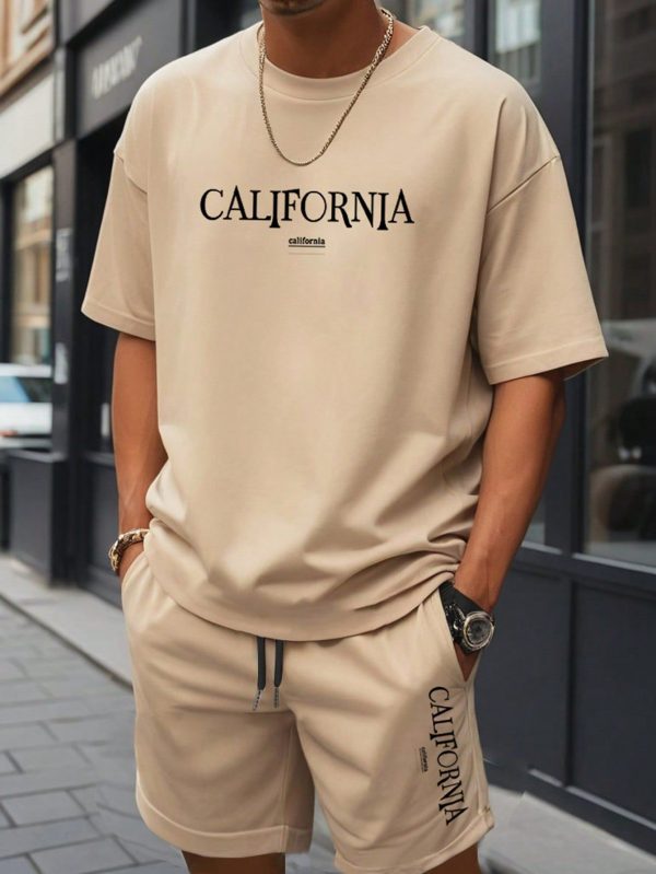 Men's Summer Letter Printed Round Neck Short Sleeve Casual T-Shirt And Drawstring Waist Shorts Set