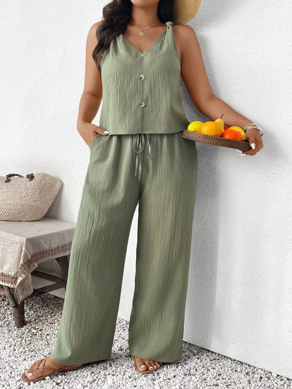 Plus Size 2pcs Set: Textured Twist Front Tank Top Shirt And Straight Leg Casual Pants, Holiday