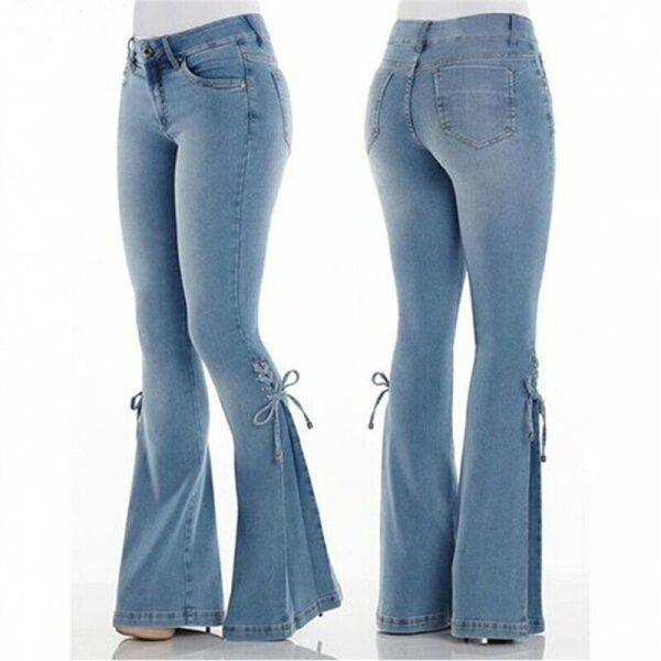 Womens Trousers Retro Bowknot Flared Jeans Bell Bottoms Stretch Denim Pants Lady