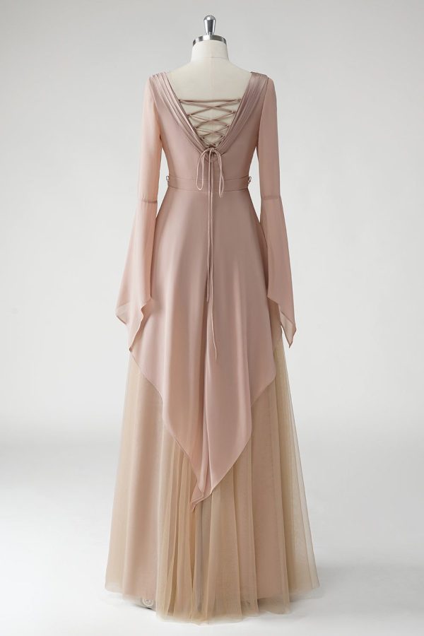 Zapakasa Women V Neck Mother of the Bride Dress Blush Chiffon Long Sleeves A Line Beaded Long Formal Dress