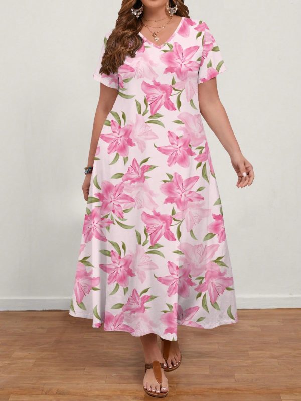 Plus Size Women Casual Commute Simple Flower Print V-Neck Short Sleeve Dress, Suitable For Spring/Summer Music Festival