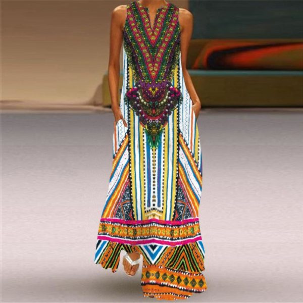 Zingj Retro Printed Digital Printing Long Collar Sleeveless Pocket Summer Sexy Dress VLCQ-85-XL