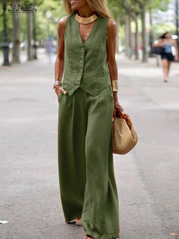 Stylish Summer Tracksuits Women Blazer Suit Solid Tanks Tops & Wide Leg Pants ZANZEA Elegant
