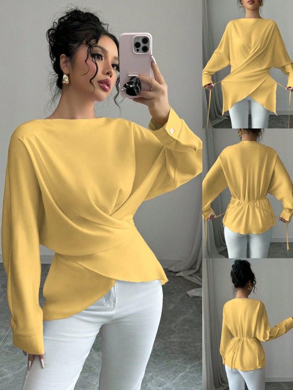 Women's Off-Shoulder Long Sleeve Loose Fit Shirred Waist Cross Tie Blouse For Autumn/Winter