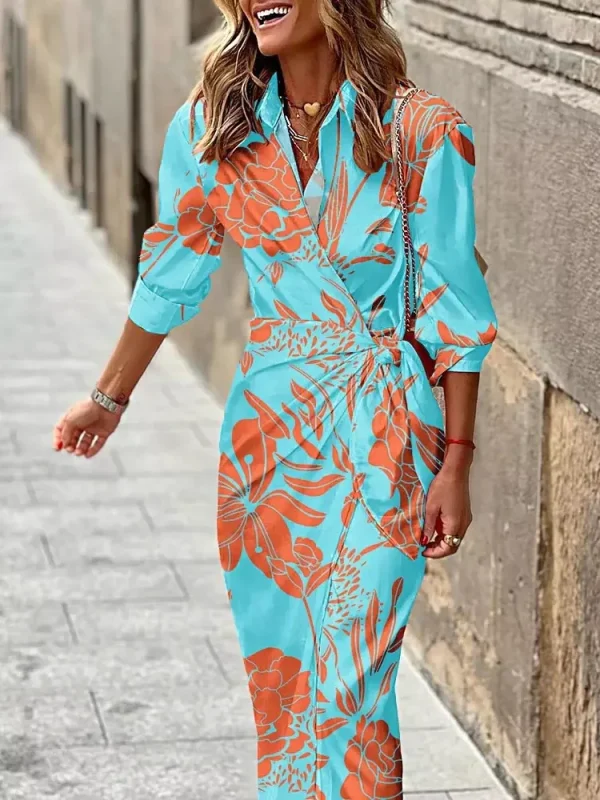 Zingj Spring Summer One Piece Printed Dress Long Sleeve Temperament Shirt Long Skirt Holiday Party Dress for Women Robe Dresses Blue-XL