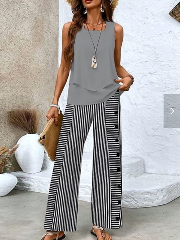 Women's 2 Pieces Fashion Tank Top Pants Sets Sleeveless Square Neck Striped Layered Print Casual Daily Gray Summer Regular Fit 2025 - $38.99