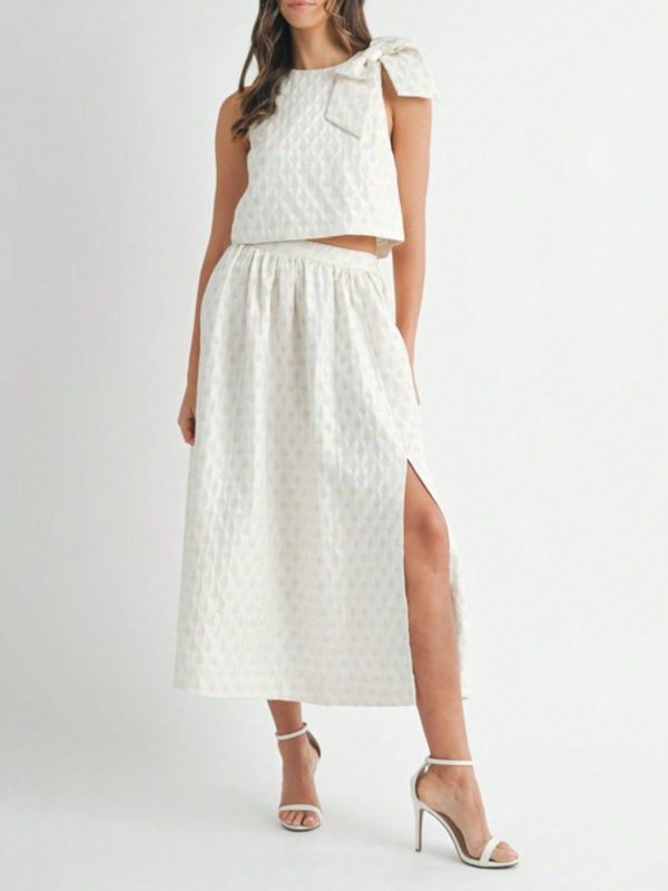 Womens Casual Two Piece Set Chic Polka Dot Split Side Midi Skirt Outfit Elegant White Sleeveless Crop Top High Waist A Line Summer Beach Party Vacation Holiday Ensemble