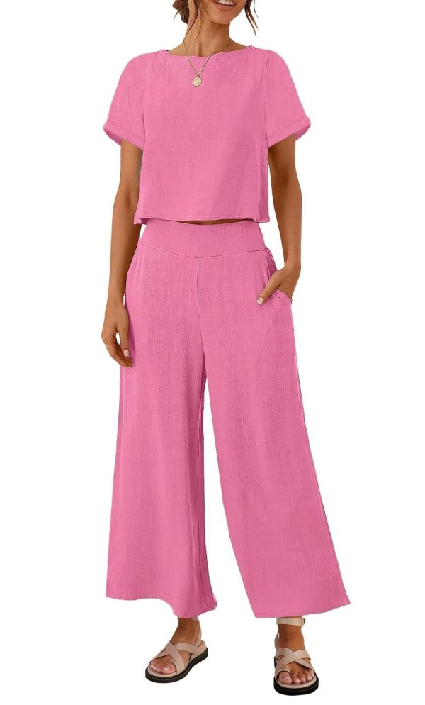 ZESICA Women's 2 Piece Outfits Linen Short Sleeve Crop Top and Wide Leg Pants Lounge Matching Set Tracksuits Trendy Clothes