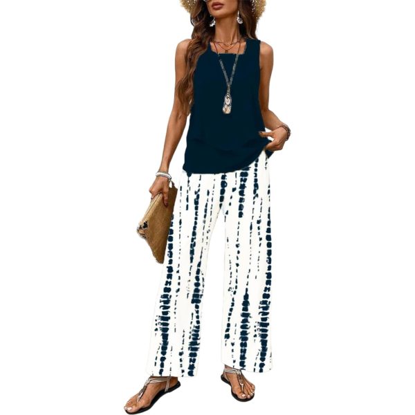 QXE Women's 2 Piece Sets 2025 Spring Summer Outfits Sleeveless Print Wide Leg Pants Sweat Sets Trendy Lounge Tracksuits