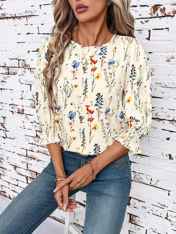 Women's Crew Neck Loose Casual Mid-Sleeve Blouse Summer Outfits For Women   Floral Blouse Teacher Outfits For Women Country Outfits Women Butter Yellow