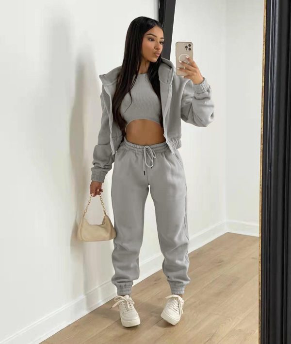 Women Clothing Autumn Winter Hooded Sweatshirt Long Sleeved Sports Casual Suit - M / Khaki