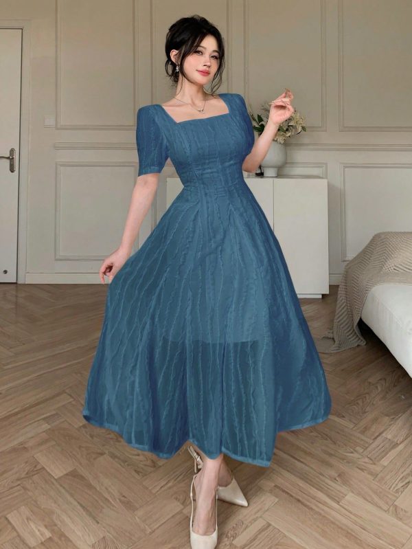 Women's Solid Color Square Neck Short Sleeve Elegant Textured Dress Summer Elegant Sundress