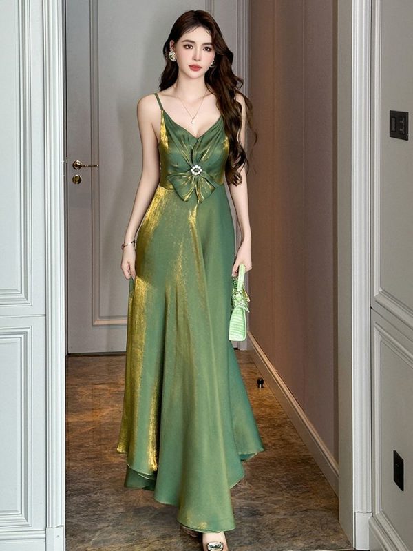 Elegant Satin Vacation Holiday Beach Long Dress Women Clothes Sweet Bow Sexy Sling A-Line Maxi Robe