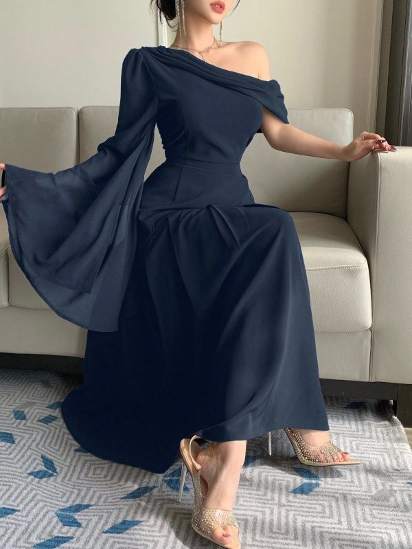 Women's Elegant Solid Color Asymmetric Collar Flare Sleeve Dress Elegant Sundress