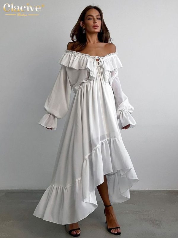 Clacive Sexy Loose White Women's Dress 2025 Fashion V-Neck Long Sleeve Ankle Length Dresses Elegant