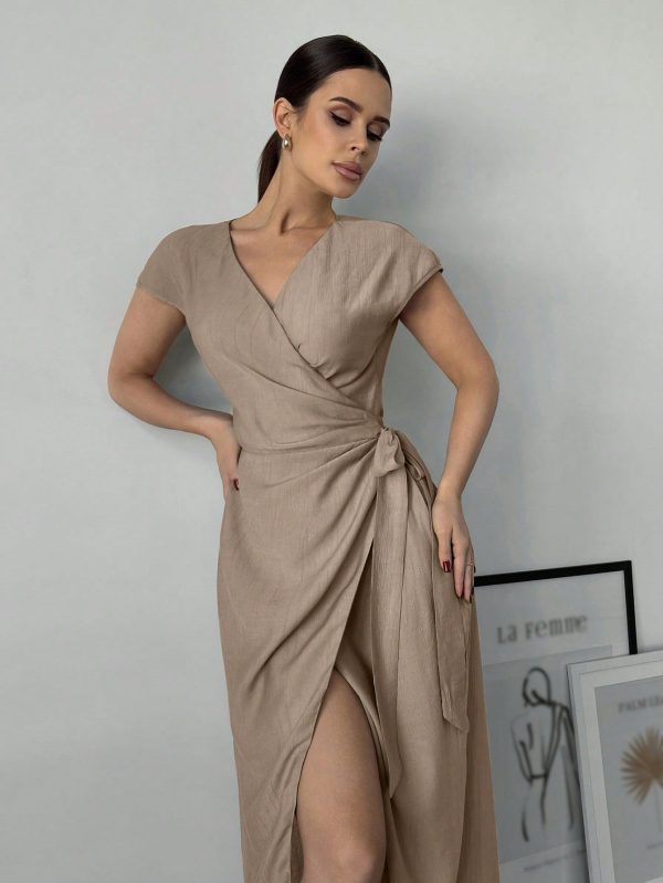 Women's Khaki Wrap Style Tie Up Pleated Bodycon Dress, Suitable For Date, Sexy, Elegant, Commute, Back To School, Vacation, Beach,Tea Party Dress,Summer Dresses For Women Modest