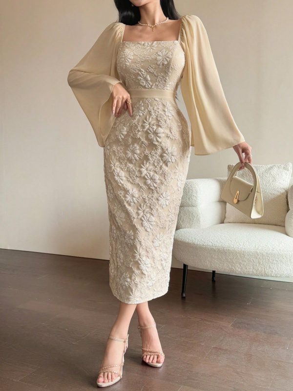 Women's Elegant Long Sleeve Midi Dress With Jacquard Square Collar, Suitable For Spring/Summer Events Elegant