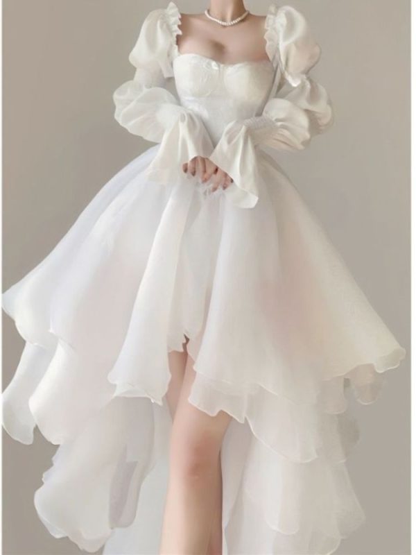 Elegant Heavy Off Shoulder Dresses Early Spring New White Dress for Women Y2k Slim Waist Long Sleeve