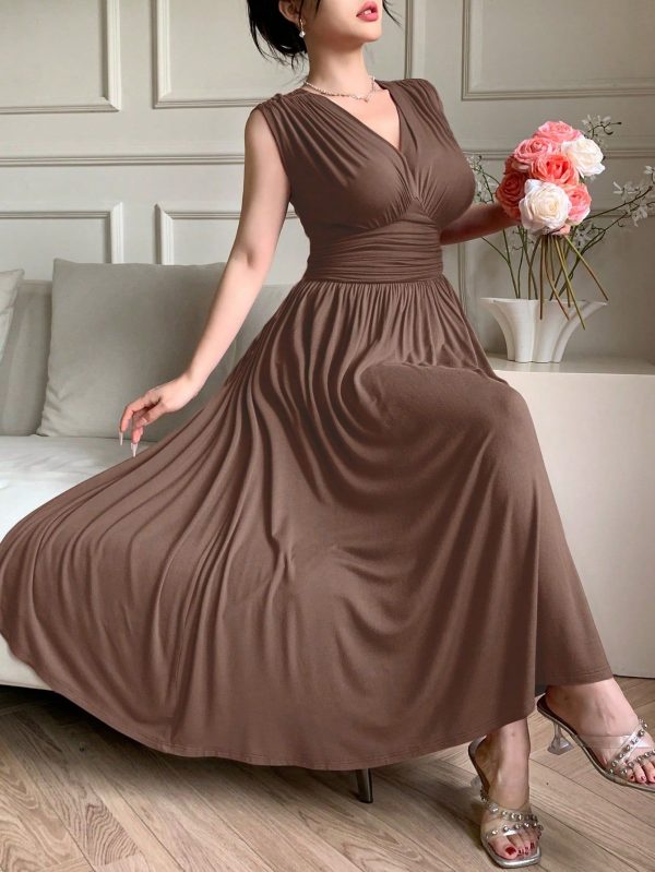 Solid Color V-Neck Pleated Sleeveless Women Midi Dress Prom Dress Elegant Sundress