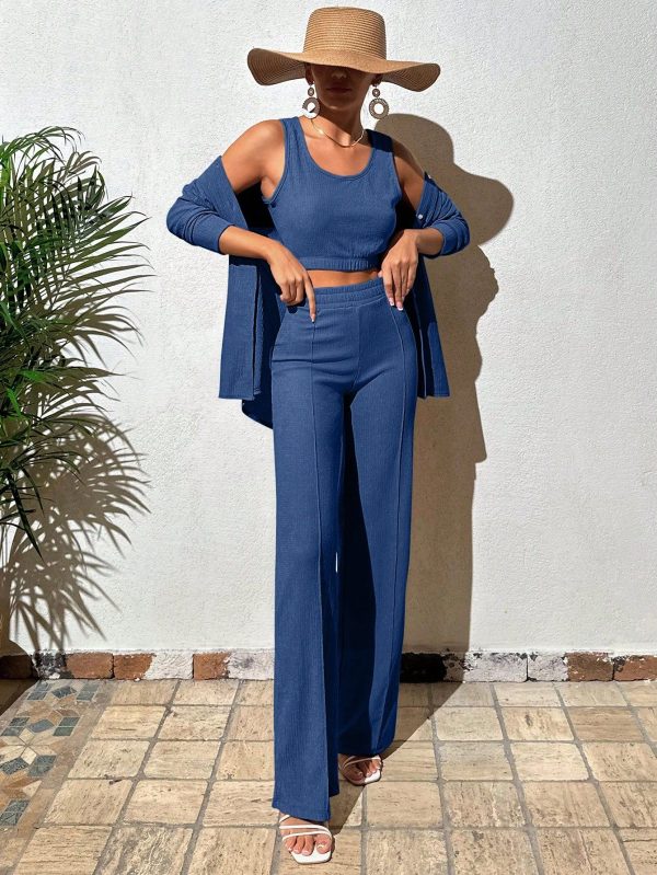 Solid Crop Tank Top & Shirt & Pants