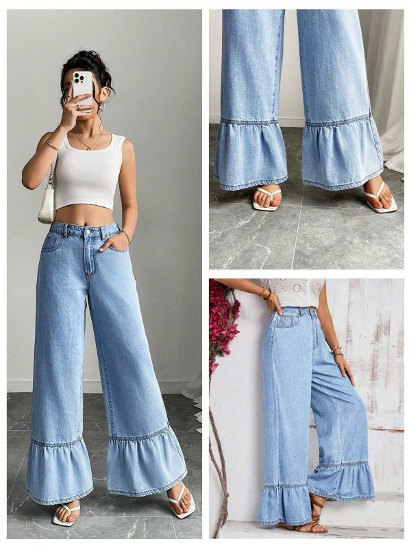 Mobula Sound #Spring Summer Sexy Music Festival Versatile Casual Holiday Fashion Ruffled Design Playful Straight-Leg Retro Elegant Women Ladies Denim Jeans