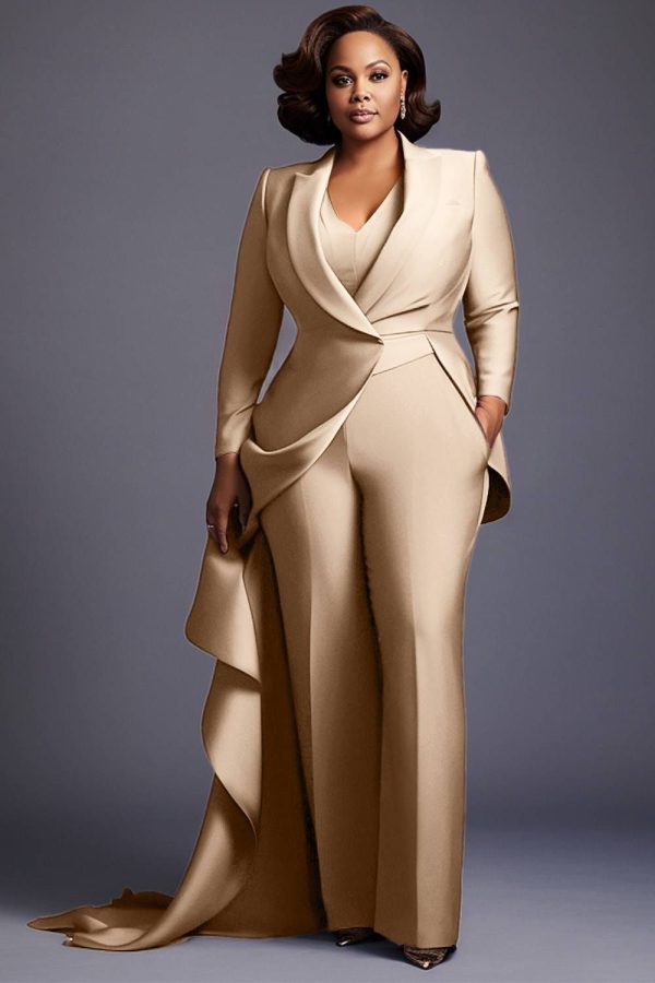 Xpluswear Design Plus Size Mother Of The Bride Elegant Purple Turndown Collar Long Sleeve Flounce Pockets Two Piece Pant Sets Champagne-L/10-12