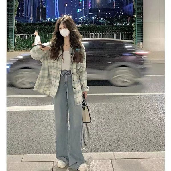 Zingj Plaid Shirt Elegant and Youth Woman Blouses Camisa Denim Women's Shirt 2023 New Blouse Korean Style Women's Clothing Spring tu-M