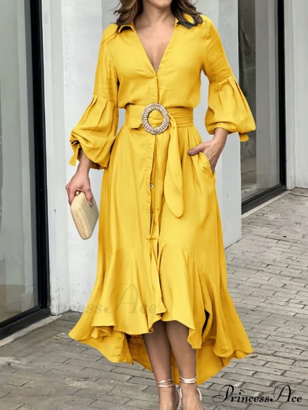 Ruffle Belt V Neck Long Sleeve Dress - 2XL / Yellow