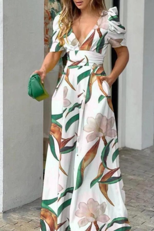 Sexy Fashion Women's Puff Sleeve Printed Wide Leg Bohemian Jumpsuit