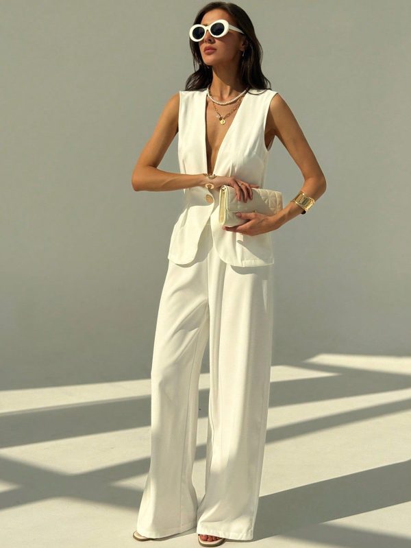 2pcs Women Solid Color Commuter Vest And Pants Set White Summer White Commuting Simple And Elegant Suit Is Slim, Summer Sets