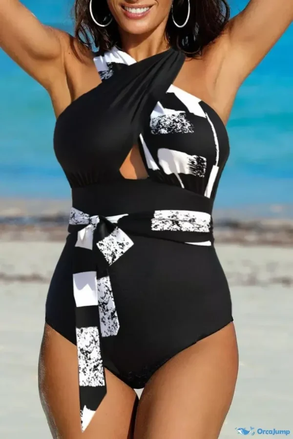 OrcaJump - Traje de baño sin espalda con estampado blanco y negro para mujer con relleno. - Negro, M