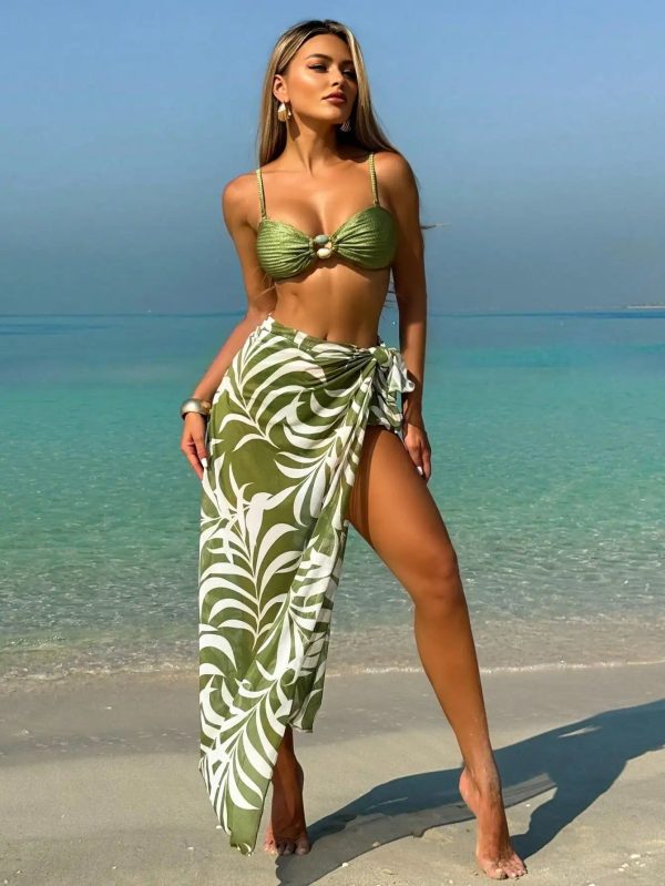 Vintage Bikini with Mesh Skirt Three Piece Swimsuit - Green L