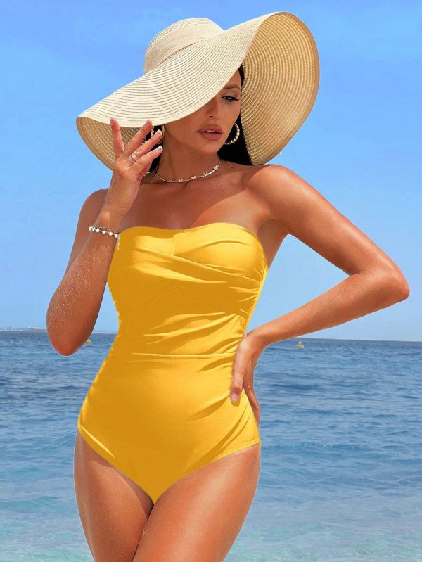 Women's Solid Color Ruched Bandeau One-Piece Swimsuit For Beach Vacation