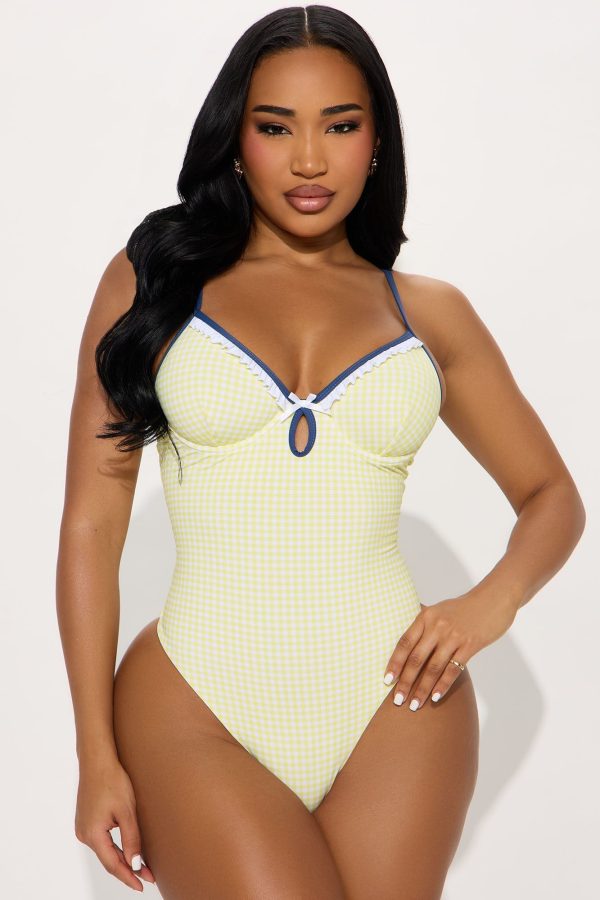 Women's Beach Picnic Gingham & Ruffles Underwire 1 Piece Swimsuit Combo in Yellow Size XS