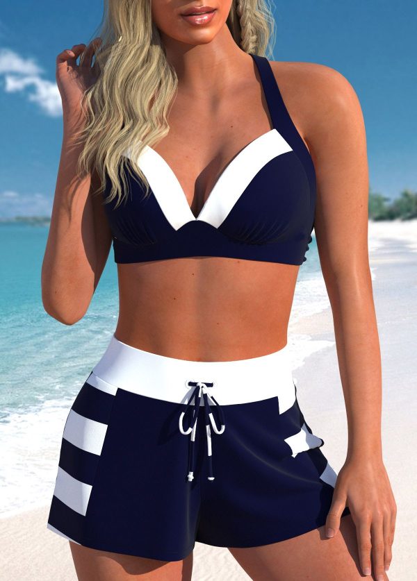 Patchwork Navy Striped High Waisted Bikini Set