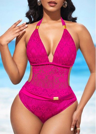 ROTITA Lace Sheer Halter Rose Red One Piece Swimwear