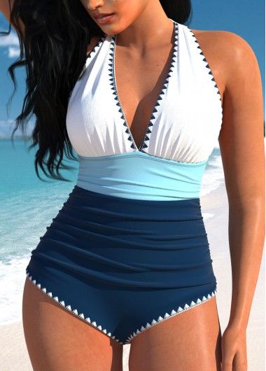 Patchwork Tie Navy One Piece Swimwear